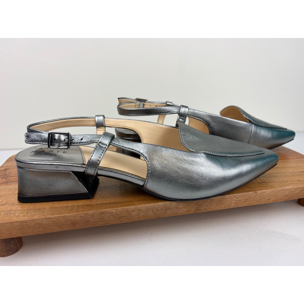 Alex Marie Slingback Pumps 8.5 Silver Metallic Leather Low Block Heel Closed Toe - Picture 4 of 12